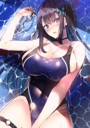 Rule 34 | 1girl, black hair, blue eyes, blush, breasts, brown hair, caustics, choker, cleavage, competition swimsuit, from above, highleg, highleg swimsuit, kaerunoashi, large breasts, long hair, looking at viewer, lying, on back, one-piece swimsuit, original, partially submerged, sideboob, solo, swimsuit, water, wet