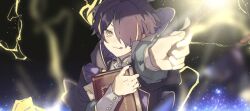 Rule 34 | 1boy, black hair, blonde hair, book, cloak, closed mouth, dot nose, ensemble stars!, hair over one eye, holding, holding book, holding wand, hood, lightning, long sleeves, looking at viewer, male focus, multicolored hair, one eye covered, or i, sengoku shinobu, short hair, solo, streaked hair, tongue, tongue out, two-tone hair, upper body, wand, yellow eyes
