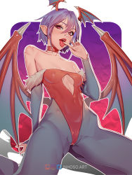 Rule 34 | 1girl, bare shoulders, bat hair ornament, bat wings, breasts, capcom, cellphone, demon girl, demon wings, finger to tongue, fingerless gloves, fur trim, gloves, hair ornament, head wings, inhoso, leotard, lilith aensland, lips, looking at viewer, pantyhose, phone, pointy ears, red eyes, red leotard, red lips, slit pupils, smartphone, spread legs, tongue, tongue out, vampire (game), wings