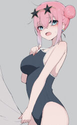 Rule 34 | absurdres, blue eyes, blush, bocchi the rock!, breasts, double bun, earrings, eyewear on head, facing to the side, gotoh hitori, hair bun, hand on own chest, highres, holding, holding clothes, jewelry, juejue, large breasts, looking at viewer, nail polish, open mouth, pink hair, school swimsuit, simple background, star-shaped eyewear, star (symbol), sunglasses, sweatdrop, swimsuit