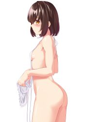 Rule 34 | 1girl, absurdres, apron, ass, bare shoulders, blush, breasts, brown hair, collarbone, commentary request, covered erect nipples, cowboy shot, frilled apron, frills, from side, hair between eyes, halterneck, highres, holding, looking at viewer, naked apron, original, parted lips, profile, rebutsu, shiny skin, short hair, sideboob, sideways glance, sideways mouth, simple background, small breasts, solo, standing, white legwear, yellow eyes