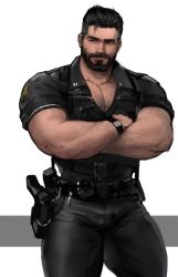 Rule 34 | 1boy, arm hair, bara, beard, black pants, bulge, chest hair, crossed arms, dopey (dopq), facial hair, feet out of frame, gun, highres, looking to the side, male focus, mature male, muscular, muscular male, mustache, original, pants, partially unbuttoned, pectoral cleavage, pectorals, police, police uniform, short hair, smile, solo, thick eyebrows, thick thighs, thighs, tight clothes, tight pants, uniform, weapon