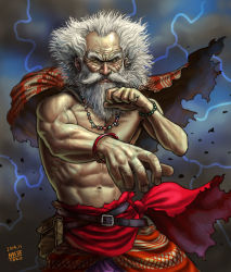 Rule 34 | 1boy, abs, beard, big hair, bracelet, cloak, facial hair, fighting stance, jewelry, male focus, manly, matataku, messy hair, muscular, necklace, old, old man, original, topless male, solo, veins, white hair, wrinkled skin