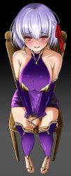Rule 34 | 1girl, arko (acucs), bare shoulders, blush, breasts, chair, collar, detached sleeves, dress, earrings, fate/grand order, fate (series), feet, gradient background, hair ribbon, jewelry, kama (fate), kama (first ascension) (fate), long hair, looking at viewer, looking up, medium breasts, metal collar, navel, parted lips, perspective, purple dress, purple legwear, red eyes, ribbon, sandals, short hair, silver hair, sitting, smile, solo, thighs