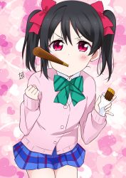 Rule 34 | 1girl, artist logo, black hair, blue skirt, bow, bowtie, cardigan, food, food in mouth, green bow, green bowtie, hair bow, heart, heart background, highres, long hair, long sleeves, looking at viewer, love live!, love live! school idol project, miniskirt, mouth hold, otonokizaka school uniform, pink cardigan, plaid, plaid skirt, pleated skirt, pocky, red bow, red eyes, school uniform, skirt, solo, striped, striped bow, twintails, valentine, yazawa nico, zero-theme