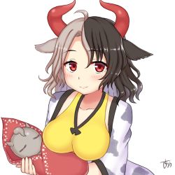Rule 34 | 1girl, ahoge, animal print, arms up, black hair, blush, breasts, collarbone, commentary request, cow horns, cow print, crop top, grey hair, hair between eyes, haori, holding, horns, japanese clothes, large breasts, light smile, looking at viewer, multicolored hair, red eyes, sariri fudou, signature, simple background, solo, split-color hair, standing, statue, touhou, two-tone hair, upper body, ushizaki urumi, white background