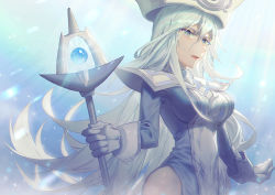 Rule 34 | 1girl, bare hips, blue dress, breasts, dress, floating hair, gloves, grey eyes, hair between eyes, hat, holding, holding staff, long hair, medium breasts, open mouth, shiny skin, side slit, silent magician, silver hair, solo, staff, standing, very long hair, wenz, white gloves, white hat, yu-gi-oh!