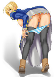 Rule 34 | 00s, 1girl, artoria pendragon (all), artoria pendragon (fate), ass, bent over, blonde hair, breasts, censored, fate/stay night, fate (series), green eyes, kneepits, looking back, panties, panty pull, pussy, saber (fate), sanagi torajirou, solo, striped clothes, striped panties, thighhighs, underwear