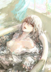 Rule 34 | 1girl, bare shoulders, bathing, bathtub, breasts, brown eyes, collarbone, face, nipples, off shoulder, open clothes, open mouth, open shirt, original, petals, red eyes, shirt, short hair, small breasts, solo, submerged, tori (qqqt), water, white hair