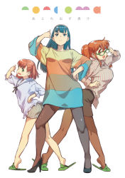 Rule 34 | 3girls, :d, asymmetrical legwear, black legwear, blue eyes, blue hair, collared shirt, comic, cover, cover page, hairband, high heels, long sleeves, looking at viewer, looking back, mismatched legwear, multicolored clothes, multiple girls, nonco, open mouth, orange hair, original, pantyhose, pencil skirt, shirt, simple background, skirt, slippers, smile, striped clothes, striped shirt, sweatdrop, twintails, vertical-striped clothes, vertical-striped shirt, wavy mouth, white background, wide sleeves, wing collar