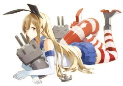 Rule 34 | &gt; &lt;, 10s, 1girl, :3, anchor, bad id, bad pixiv id, blonde hair, brown eyes, closed eyes, elbow gloves, gloves, hair ornament, hair ribbon, innertube, kantai collection, long hair, looking at viewer, midriff, navel, ocean, panda (pandadesu), panties, personification, rensouhou-chan, ribbon, shimakaze (kancolle), striped clothes, striped thighhighs, swim ring, thighhighs, underwear, | |, || ||