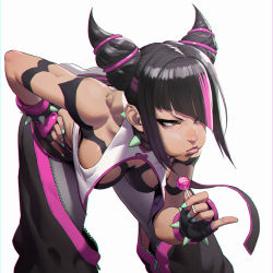 Rule 34 | 1girl, absurdres, bare shoulders, black hair, bracelet, candy, capcom, cleavage cutout, clothing cutout, drill hair, fingerless gloves, food, gloves, hair horns, han juri, hand on own hip, highres, jewelry, leaning forward, lollipop, loped, multicolored hair, nail polish, pink hair, pout, short hair, solo, spiked bracelet, spikes, streaked hair, street fighter, street fighter 6, twin drills, unzipped, white background, zipper pull tab