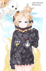 Rule 34 | 1girl, abigail williams (fate), abigail williams (traveling outfit) (fate), alternate hairstyle, bad id, bad pixiv id, balloon, bandaid, bandaid on face, bandaid on forehead, belt, black bow, black jacket, blonde hair, blue eyes, blush, bow, chuchugou, crossed bandaids, fate/grand order, fate (series), forehead, hair bow, hair bun, heroic spirit traveling outfit, highres, jacket, long hair, long sleeves, looking at viewer, official alternate costume, open mouth, orange bow, parted bangs, parted lips, polka dot, polka dot bow, single hair bun, sleeves past fingers, sleeves past wrists, solo, thighs