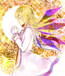 Rule 34 | 00s, 1girl, blonde hair, colette brunel, dress, closed eyes, gloves, long hair, own hands clasped, own hands together, praying, solo, tales of (series), tales of symphonia, white dress, white gloves, wings, yellow background, yoi (yutd)