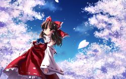 Rule 34 | 1girl, ascot, blue ascot, bow, brown eyes, brown hair, cherry blossoms, detached sleeves, female focus, frilled bow, frilled hair tubes, frilled skirt, frills, from below, hair bow, hair tubes, hakurei reimu, highres, large bow, long hair, nature, night, outdoors, petals, phantasmagoria of flower view, plant, red bow, ribbon, ribbon-trimmed skirt, ribbon-trimmed sleeves, ribbon trim, sidelocks, skirt, skirt set, sky, smile, solo, touhou, vest, white ribbon, white sleeves, wide sleeves, yuuki tatsuya