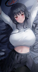 Rule 34 | 1girl, absurdres, arms up, black hair, black skirt, blue archive, breasts, doka l, hair ornament, highres, huge breasts, long hair, looking at viewer, rio (blue archive), shirt, skirt, stomach, sweater, turtleneck, turtleneck sweater, white shirt