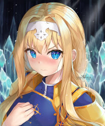 Rule 34 | 1girl, absurdres, alice zuberg, armor, blonde hair, blue eyes, blurry, blurry background, breastplate, embarrassed, hair intakes, hairband, highres, ice, long hair, portrait, shoulder armor, silverpixia, solo, sparkle, sunlight, sword art online, sword art online: alicization, v-shaped eyebrows, white hairband