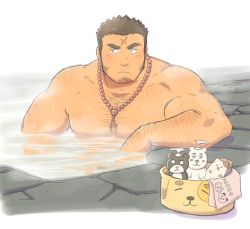 Rule 34 | 1boy, :/, arm hair, bara, bead necklace, beads, blush, body hair, brown hair, chest hair, cross scar, facial hair, houzouin oniwaka, jewelry, large pectorals, long sideburns, looking to the side, male focus, muscular, necklace, onsen, partially submerged, pectorals, scar, scar on face, scar on forehead, short hair, sideburns, solo, steam, stubble, thick eyebrows, tokyo houkago summoners, upper body, wet, yanutorie