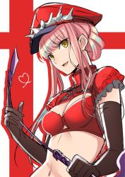 Rule 34 | 1girl, aono shimo, bad id, bad twitter id, breasts, elbow gloves, fate/grand order, fate (series), gloves, hair bun, hat, heart, looking at viewer, medb (alluring chief warden look) (fate), medb (fate), mutou kurihito, navel, pink hair, riding crop, single hair bun, solo, yellow eyes