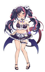 Rule 34 | 1girl, apron, bare shoulders, black footwear, black hair, black skirt, blush, breasts, cleavage, commentary request, demon girl, demon tail, demon wings, frilled skirt, frills, full body, gedou (shigure seishin), hair ornament, high heels, highres, long hair, low wings, medium breasts, midriff, multicolored hair, navel, nose blush, open mouth, original, pink hair, purple wings, red eyes, sandals, simple background, skirt, skirt hold, skull hair ornament, solo, standing, strap slip, streaked hair, tail, tears, teeth, thigh strap, twintails, upper teeth only, very long hair, waist apron, white apron, white background, wings