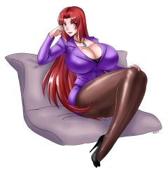 Rule 34 | 1girl, breasts, devil-v, formal, high heels, highres, huge breasts, jewelry, lips, lipstick, long hair, looking at viewer, makeup, nail polish, necklace, office lady, original, pencil skirt, purple eyes, red hair, skirt, stiletto heels, suit