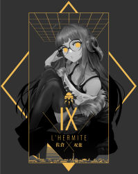 Rule 34 | 10s, 1girl, ahoge, blunt bangs, camisole, commentary request, from side, glasses, godsh0t, greyscale, headphones, jacket, legs together, limited palette, long hair, looking at viewer, looking to the side, monochrome, off shoulder, persona, persona 5, sakura futaba, solo, thighhighs, yellow eyes, yellow theme