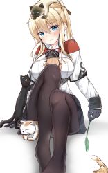 Rule 34 | 10s, 1girl, absurdres, anchor, animal, animal on head, black cat, black gloves, black pantyhose, blonde hair, blue eyes, blush, breasts, capelet, cat, cat on head, cat teaser, celtic knot, gloves, graf zeppelin (kancolle), hair between eyes, highres, impossible clothes, jacket, kantai collection, large breasts, looking at viewer, military, military uniform, miniskirt, moyoron, no headwear, on head, pantyhose, sidelocks, simple background, skirt, tsurime, twintails, uniform, wavy mouth, white background