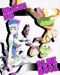 Rule 34 | 10s, 2girls, bare shoulders, blue eyes, blue hair, blue rose (tiger &amp; bunny), boots, breasts, chinese clothes, detached sleeves, dragon kid, earrings, elbow gloves, gloves, green eyes, green hair, gun, hat, huang baoling, jewelry, karina lyle, kk-jj, lipstick, makeup, multiple girls, pepsi nex, product placement, short hair, shorts, superhero costume, thigh boots, thighhighs, tiger &amp; bunny, upside-down, weapon