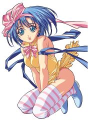 Rule 34 | 1girl, aqua eyes, arm ribbon, between legs, blue eyes, blue footwear, blue hair, comic colorful bee, dress, earrings, gotou keiji, hair ribbon, hand between legs, jewelry, looking at viewer, medium hair, non-web source, ribbon, simple background, smile, solo, striped clothes, striped thighhighs, thighhighs, v arms, white background, wide-eyed, yellow dress