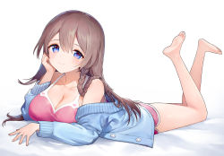 Rule 34 | 1girl, ainy, bare legs, barefoot, blue eyes, braid, breasts, brown hair, cleavage, closed mouth, collarbone, eyebrows, hair between eyes, large breasts, legs up, long hair, long sleeves, lying, on stomach, original, shorts, smile