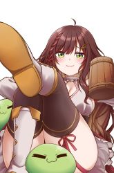 Rule 34 | 1girl, absurdres, boots, breasts, character name, cleavage, cleavage cutout, clothing cutout, cup, fortissimo, hair ornament, highres, holding, holding cup, jan azure, large breasts, long hair, miori celesta, miori celesta (1st costume), mogu (miori celesta), musical note, musical note hair ornament, sitting, slime (creature), solo, thighhighs, transparent background, treble clef, tsunderia, virtual youtuber, white background, white footwear, wooden cup