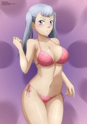 Rule 34 | 1girl, bikini, black clover, blush, breasts, cleavage, clenched hand, collarbone, grey hair, hand up, large breasts, looking at viewer, noelle silva, pink bikini, purple background, purple eyes, shiny skin, side-tie bikini bottom, standing, swimsuit, thick thighs, thighs, twintails, two piece, watermark, zel-sama