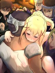 Rule 34 | 10s, 1girl, artist name, back, blonde hair, blush, braid, breasts, clothed male nude female, clothed sex, dark skin, dark-skinned male, darkness (konosuba), french braid, from behind, gold, group sex, hair ornament, half-closed eyes, heart, heart-shaped pupils, highres, kono subarashii sekai ni shukufuku wo!, large breasts, lips, multiple boys, muscular, nail polish, nipples, nude, open mouth, pink lips, pink nails, ponytail, prostitution, rape face, saliva, satou kazuma, shed (6186678), smile, symbol-shaped pupils, table, tongue, tongue out, x hair ornament