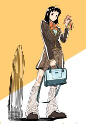 bag black_eyes black_hair blazer bow bowtie brown_jacket cellphone cellphone_charm charm_(object) commentary_request dark_skin full_body highres holding holding_bag holding_phone jacket korean_commentary kurata_tome loose_hair_strand loose_socks medium_hair medium_skirt mob_psycho_100 orange_bow orange_bowtie phone pleated_skirt school_bag skirt smartphone socks taejo_(taejo68) white_socks