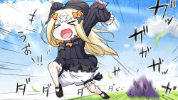 Rule 34 | &gt; &lt;, 1girl, :d, abigail williams (fate), arms up, artist name, black bow, black dress, black footwear, black hat, blonde hair, bloomers, blue sky, bow, bug, butterfly, closed eyes, cloud, cloudy sky, commentary request, crossed bandaids, day, dress, fate/grand order, fate (series), hair bow, hat, highres, holding, insect, long hair, long sleeves, motion blur, neon-tetora, open mouth, orange bow, outdoors, parted bangs, running, shoes, sky, sleeves past fingers, sleeves past wrists, smile, solo, translation request, underwear, v-shaped eyebrows, very long hair, white bloomers, xd