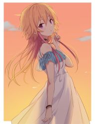 Rule 34 | 2 nostg, breasts, choker, cloud, dress, frilled dress, frills, hair between eyes, hand up, idolmaster, idolmaster cinderella girls, light brown hair, long hair, looking at viewer, looking back, multicolored hair, ninomiya asuka, orange sky, parted lips, pink hair, playing with own hair, purple eyes, see-through silhouette, sky, small breasts, sunset, two-tone hair, white dress, wind, wristband