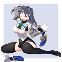 Rule 34 | 1girl, black hair, blue eyes, blue footwear, blush, breasts, chain, chain headband, cleavage, crop top, detached sleeves, hair intakes, head chain, highres, hololive, hololive english, jewelry, large breasts, md5 mismatch, ouro kronii, removing shoes, resolution mismatch, side slit, sideboob, simple background, sitting, skirt, solo, source smaller, striped clothes, striped skirt, thighhighs, turtleneck, veil, virtual youtuber, white veil, zipper, zipper pull tab