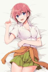 Rule 34 | 1girl, :d, bed sheet, blue eyes, breasts, cleavage, clothes around waist, collarbone, collared shirt, cowboy shot, dress shirt, from above, go-toubun no hanayome, green skirt, hair between eyes, looking at viewer, lying, medium breasts, miniskirt, nakano ichika, on back, open mouth, pink hair, pleated skirt, school uniform, shirt, short hair, short sleeves, skirt, smile, solo, sweater, sweater around waist, white shirt, wing collar, yuuri (orz commushows)