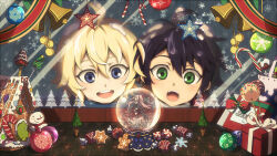 Rule 34 | 2boys, bag, bell, black hair, blonde hair, blue scarf, candy, candy cane, character request, chinese commentary, christmas, christmas ornaments, christmas tree, commentary request, cookie, fcc (fengcheche), food, gift, gingerbread man, green eyes, grey scarf, hair between eyes, hyakuya mikaela, hyakuya yuuichirou, indoors, light blush, male focus, mixed-language commentary, multiple boys, open mouth, owari no seraph, pale skin, partial commentary, plastic bag, portrait, scarf, short hair, snow globe, snowflakes, snowman, star (symbol), teeth, window