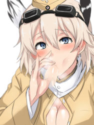 Rule 34 | 1boy, 1girl, :&gt;=, animal ears, bad id, bad pixiv id, blonde hair, blue eyes, blush, breasts, censored, cleavage, cum, fellatio, fellatio gesture, garrison cap, goggles, goggles on head, hand up, handjob, hat, head wings, hetero, military, military uniform, oral, penis, raisa pottgen, sexually suggestive, short hair, smile, solo focus, strike witches, ulrich (tagaragakuin), uniform, wings, world witches series