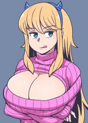 Rule 34 | 1girl, :q, akairiot, blonde hair, blue background, blue eyes, blue hairband, breasts, cleavage, cleavage cutout, clothing cutout, hairband, huge breasts, long hair, long sleeves, looking to the side, meme attire, open-chest sweater, original, pink sweater, sidelocks, simple background, solo, sweater, tongue, tongue out, turtleneck, turtleneck sweater
