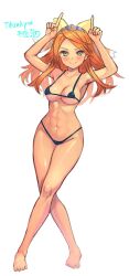 Rule 34 | &gt;:), 1girl, abs, arms up, bare arms, bare legs, bare shoulders, barefoot, bikini, black bikini, bow, breasts, closed mouth, collarbone, commentary, commission, crossed legs, english commentary, etie (fire emblem), fire emblem, fire emblem engage, full body, hair bow, highres, index finger raised, long hair, medium breasts, micro bikini, mixed-language commentary, navel, nintendo, orange hair, r123, simple background, skeb commission, smile, solo, standing, swept bangs, swimsuit, thank you, tiara, v-shaped eyebrows, white background, yellow bow, yellow eyes