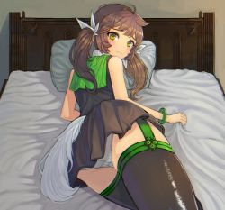 Rule 34 | 1girl, ass, bed, bed sheet, brown hair, crusaders quest, long hair, looking at viewer, open mouth, panties, sera (crusaders quest), sheet grab, skirt, tail, thighs, twintails, underwear, white panties