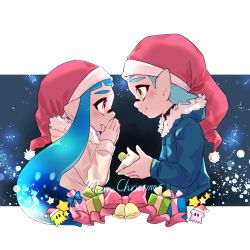 Rule 34 | 1boy, 1girl, bell, blue hair, blue jacket, blunt bangs, bow, christmas, closed mouth, coat, commentary, couple, cropped torso, english text, from side, fur-trimmed hood, fur trim, gift, hands on own face, hat, hetero, highres, holding, holding gift, hood, hood down, hooded jacket, inkling, inkling boy, inkling girl, inkling player character, jacket, light particles, long hair, long sleeves, looking at another, maimo, mask, merry christmas, night, night sky, nintendo, outside border, own hands together, pointy ears, purple eyes, red bow, red headwear, red ribbon, religious offering, ribbon, santa hat, short hair, sky, smile, squid, star (sky), star (symbol), starry sky, tentacle hair, white coat, yellow eyes