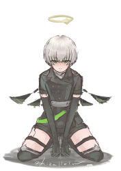 Rule 34 | 1boy, absurdres, arene (arknights), arknights, black gloves, black jacket, black shorts, black thighhighs, closed mouth, elbow gloves, full body, gloves, green eyes, grey hair, grey shirt, hair between eyes, halo, highres, jacket, kaprice, looking at viewer, male focus, shadow, shirt, short shorts, shorts, simple background, solo, thighhighs, twitter username, white background