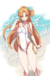 Rule 34 | 1girl, absurdres, asuna (sao), bare arms, bare legs, bare shoulders, beach, blush, braid, breasts, collarbone, competition swimsuit, floating hair, highres, long hair, looking at viewer, medium breasts, navel, one-piece swimsuit, orange eyes, orange hair, parted bangs, smile, solo, swimsuit, sword art online, thighs, u306eu306eu90ce, water, white one-piece swimsuit, wide hips