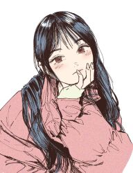 Rule 34 | animification, black hair, blush, fingerless gloves, gloves, hanni (newjeans), head tilt, highres, jacket, k-pop, long hair, looking at viewer, low twintails, newjeans, pink jacket, polo tokki, portrait, real life, simple background, sleeves past wrists, twintails, white background, white gloves