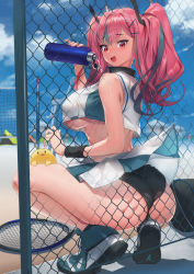 Rule 34 | 1girl, against fence, ass, azur lane, bare shoulders, beach, black panties, blurry, bottle, bow, breasts, bremerton (azur lane), bremerton (scorching-hot training) (azur lane), chain-link fence, clothes pull, covered erect nipples, crop top, crop top overhang, day, depth of field, fence, full body, grey hair, hair between eyes, hair bow, hair ornament, hairclip, heart, heart necklace, highres, jewelry, large breasts, long hair, looking at viewer, looking back, mhk (mechamania), multicolored hair, necklace, open mouth, outdoors, panties, pink eyes, pink hair, pulling another&#039;s clothes, shirt, sidelocks, skindentation, skirt, skirt pull, sleeveless, sleeveless shirt, sportswear, squatting, streaked hair, tennis uniform, two-tone shirt, two-tone skirt, underboob, underwear, water bottle, x hair ornament