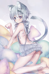 Rule 34 | 1girl, animal ear fluff, animal ears, ass, backless dress, backless outfit, bare arms, bare back, bare legs, bare shoulders, barefoot, blue eyes, blush, bow, cat ears, cat girl, cat tail, closed mouth, commentary request, dress, ech, green bow, grey hair, hair between eyes, hair bow, long hair, looking at viewer, looking to the side, meme attire, original, panties, pillow, sleeveless, sleeveless turtleneck, solo, striped clothes, striped panties, sweater, sweater dress, tail, turtleneck, turtleneck sweater, underwear, virgin killer sweater, white panties