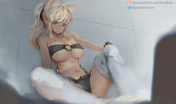 Rule 34 | 1girl, abs, against wall, animal ears, areola slip, bare shoulders, black shorts, blonde hair, blue eyes, breasts, commission, cutoffs, dark-skinned female, dark skin, extra ears, facial mark, feet out of frame, gray bear, highres, large breasts, liru, long hair, looking at viewer, midriff, navel, o-ring, o-ring top, ponytail, renkin san-kyuu magical pokaan, shorts, sitting, solo, spread legs, strapless, tail, thighhighs, tube top, underboob, whisker markings, white thighhighs, wolf ears, wolf girl, wolf tail